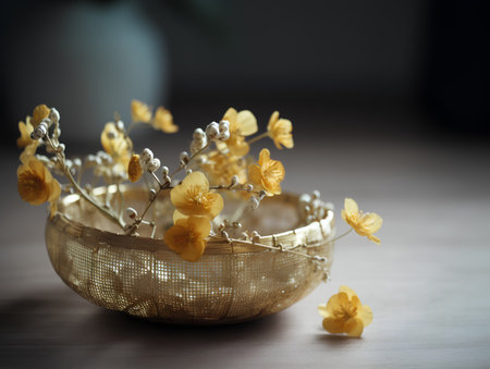 golden basket with yellow flowers on wooden table, soft focus backgroundの素材