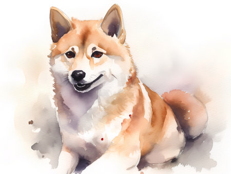 Watercolor portrait of shiba inu dog on white background.の素材
