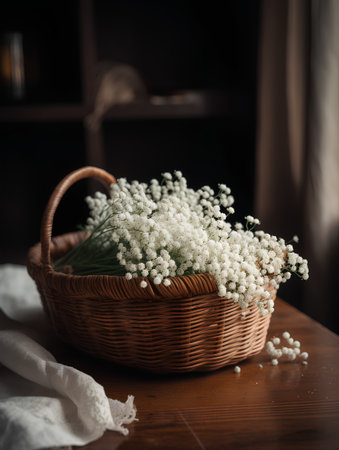 Bouquet of gypsophila flowers in a wicker basket on a wooden tableの素材