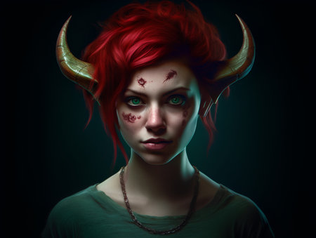 Zombie girl with red hair and horns on a dark background.の素材