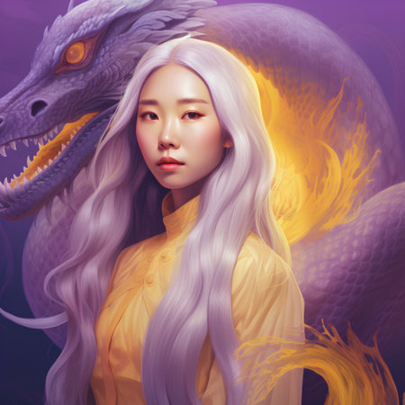 3D illustration of a beautiful girl with long hair and dragon.の素材