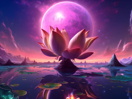 Fantasy landscape with lotus flower and the full moon in the skyの素材