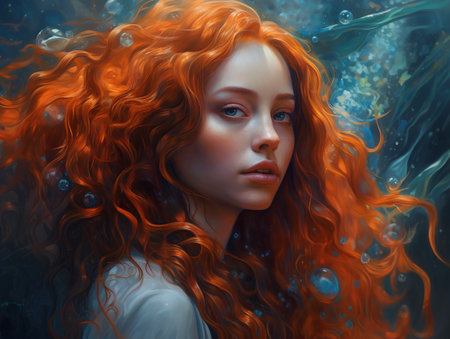 Portrait of a beautiful red-haired girl with long hair.の素材