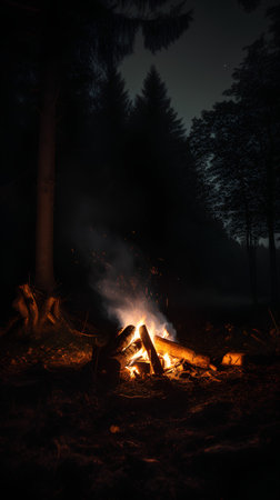 Bonfire in the dark forest at night. Camping concept.の素材