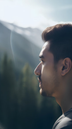 Handsome young man with a beard on the background of mountainsの素材