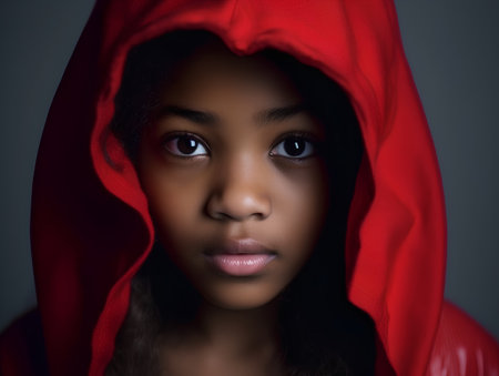 Beautiful african american woman wearing a red hooded coatの素材