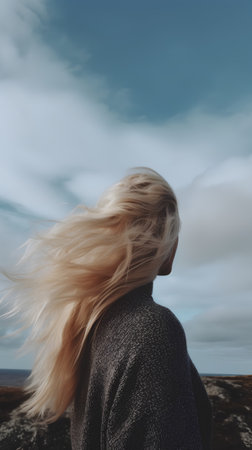 Blond woman with wind blowing her hair in the wind on the beachの素材