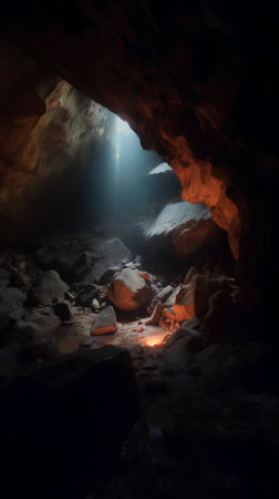 dark cave with light coming out of the hole. 3d renderingの素材