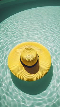 Straw hat floating in the swimming pool. 3D rendering.の素材