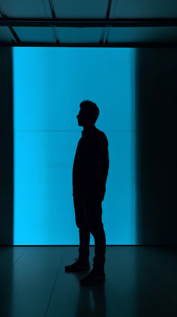 Silhouette of a man standing in front of a blue wallの素材