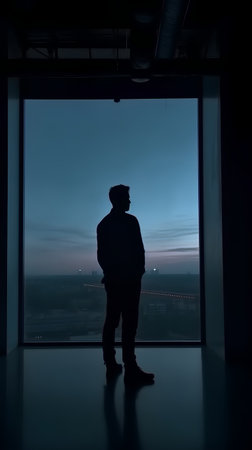 Silhouette of a man looking out the window of an office buildingの素材