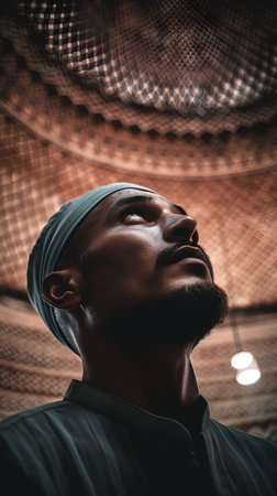 Portrait of a young Muslim man in traditional clothes at the mosqueの素材