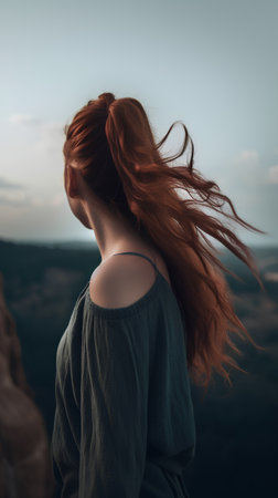 Young beautiful woman with long red hair enjoying the view from the cliffの素材