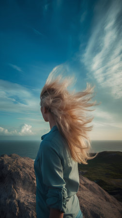 Blond woman with flying hair on the background of the sea and skyの素材