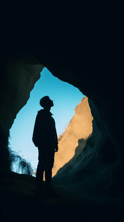 Silhouette of a man with a backpack in the cave.の素材