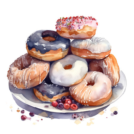 Watercolor illustration of a set of glazed donuts on a plateの素材