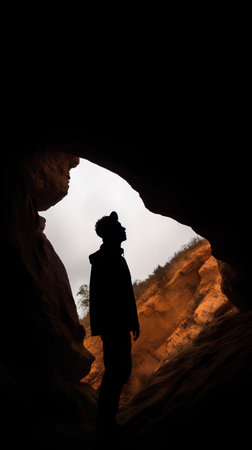 Silhouette of a hiker standing in the sandstone cave.の素材