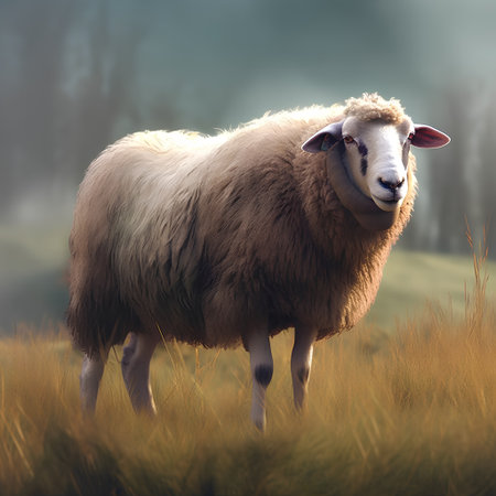 Sheep on the meadow in the foggy day, 3d illustrationの素材