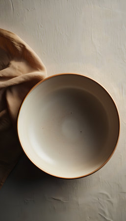 Empty ceramic plate on linen tablecloth. Top view, copy spaceの素材