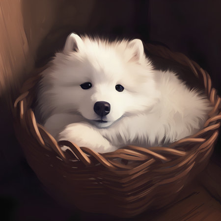 Cute Samoyed puppy in a basket. Vector illustration.の素材