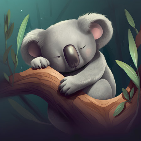 cute koala sleeping on a tree in the jungle, illustrationの素材