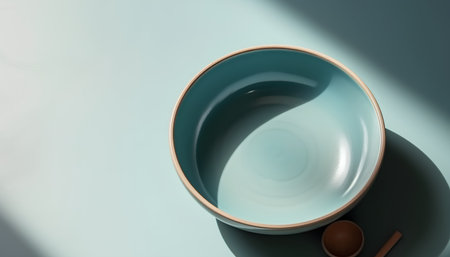 Blue ceramic bowl with spoon and fork on blue background, 3d renderの素材