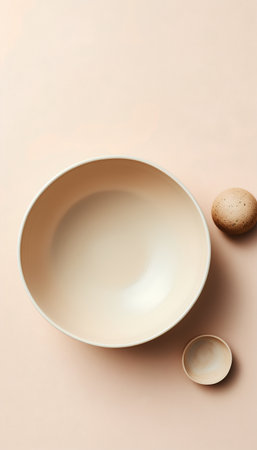 Ceramic plate and eggs on beige background, top viewの素材