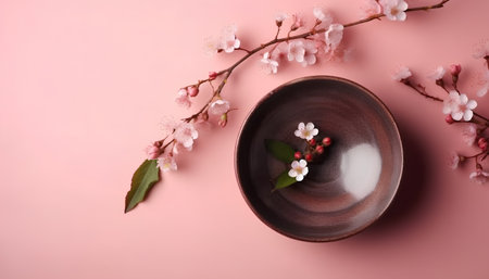 Ceramic bowl with cherry blossoms on pink background, top viewの素材