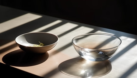 Tea in a glass bowl on the table with shadow from the windowの素材