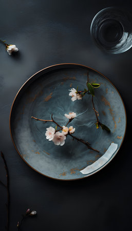 Spring table setting with cherry blossom flowers on dark background. Top view.の素材