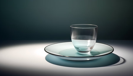 Empty glass on a saucer on a dark background. 3d renderの素材