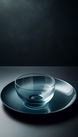 Empty glass bowl on a dark background. 3d render illustration.の素材