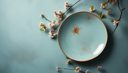 Empty blue plate with spring flowers on blue background. Flat lay, top viewの素材