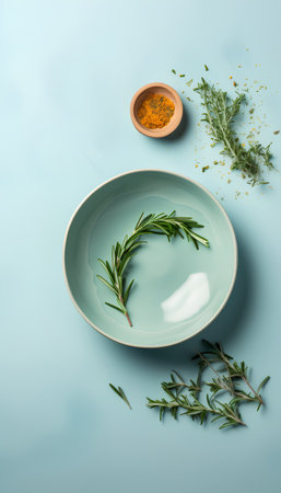 Fresh rosemary twigs and spices on blue background, top viewの素材