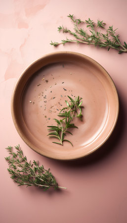 Fresh rosemary and thyme on a plate on a pink backgroundの素材