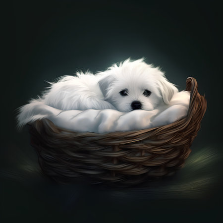 White Maltese puppy in a basket on a dark background. illustrationの素材