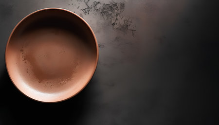 Empty brown ceramic plate on black background. Copy space for text.の素材