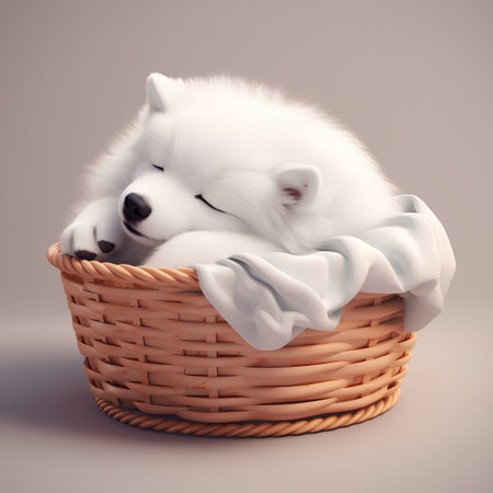 Cute Samoyed puppy sleeping in a wicker basket.の素材