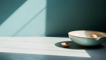 Eggs in a ceramic bowl on a wooden table with sunlightの素材