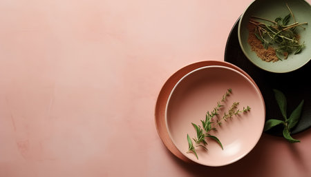 Ceramic plates and bowls with herbs on a pink background.の素材