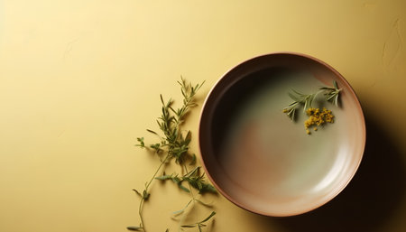 Empty ceramic plate with herbs on yellow background. Flat lay, top view.の素材