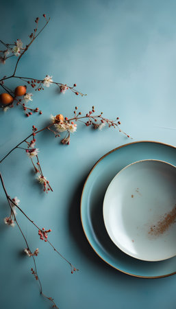 Easter table setting with rustic plates and flowers on blue backgroundの素材