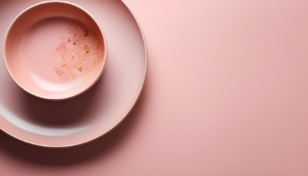 Empty pink ceramic plates and saucers on pink background with copy spaceの素材