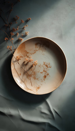 Empty plate with dried flowers on blue background. Minimalistic style.の素材