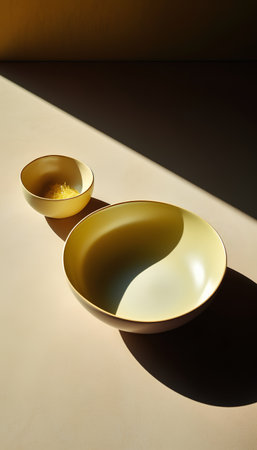 golden bowl and saucer on a yellow background with hard shadowsの素材