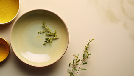 Flat lay composition with ceramic bowls and herbs on beige backgroundの素材