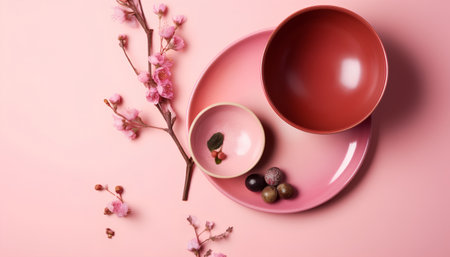 Cup and saucer with cherry blossoms on a pink backgroundの素材