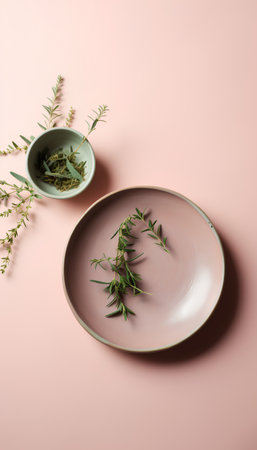 Flat lay of green sprigs of rosemary and ceramic plate on pink backgroundの素材