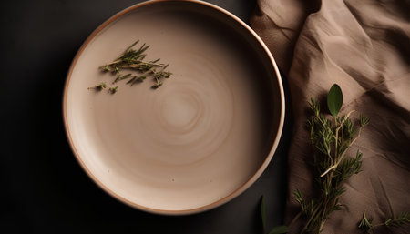 Empty plate with herbs on a dark background. Top view, flat layの素材