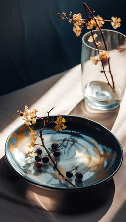 Autumn still life with black chokeberry branch on blue plate and glass vase.の素材
